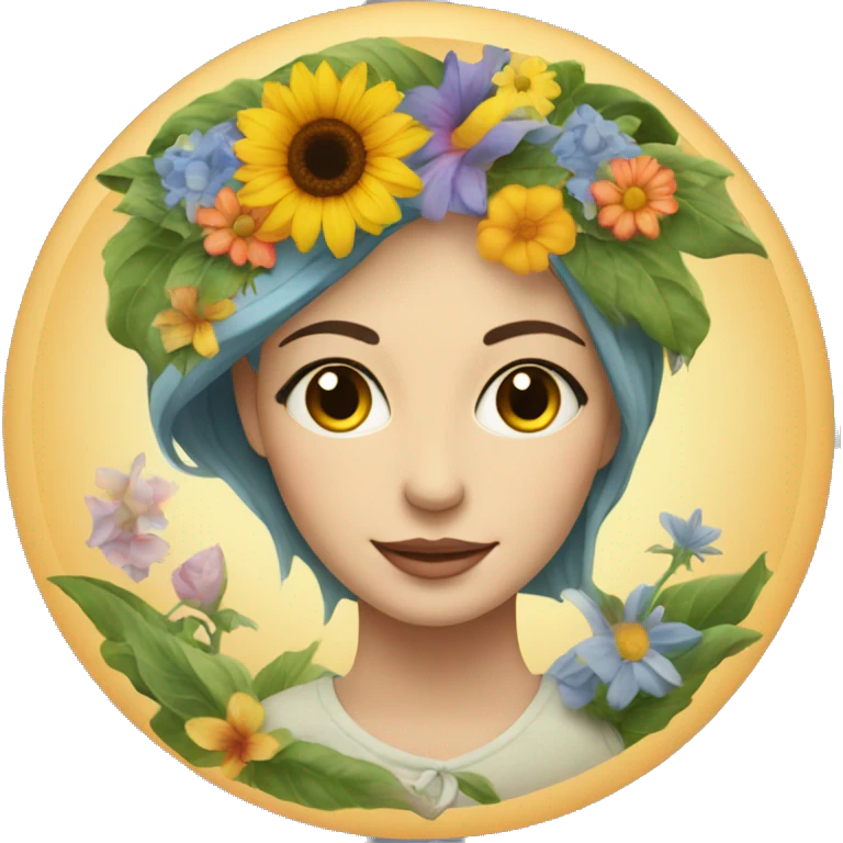 Lady's face inside a circle with a moon, flowers, and a sun along the bottom of the circle emoji