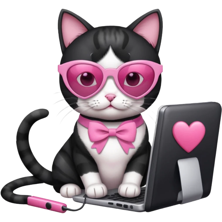 Black and white cat with pink ribbon and black cool sunglasses doing pink computer with pink heart emoji