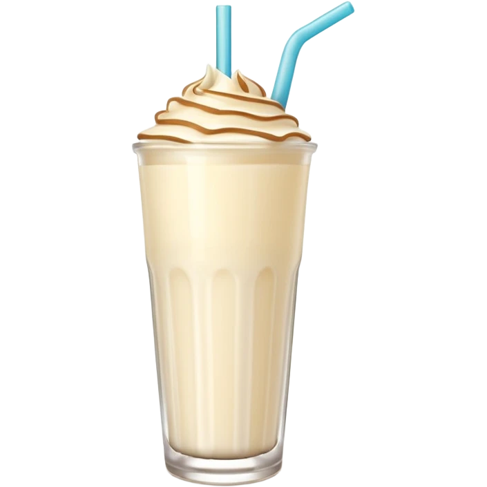 A 3D cartoon tall glass of vanilla milkshake with a straw, smooth creamy texture, light froth on top, subtle reflections, soft warm light, Memoji-style. emoji