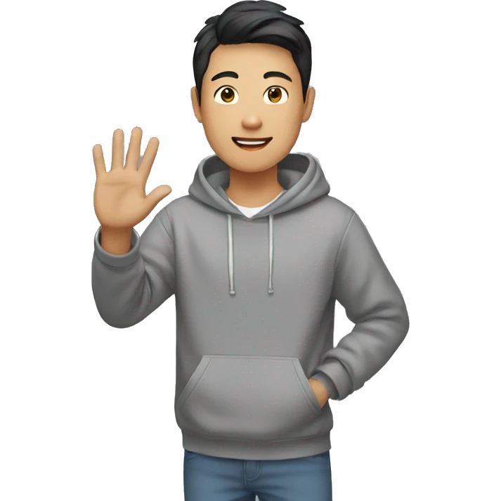 asian boy in grey hoodie waving at friends emoji