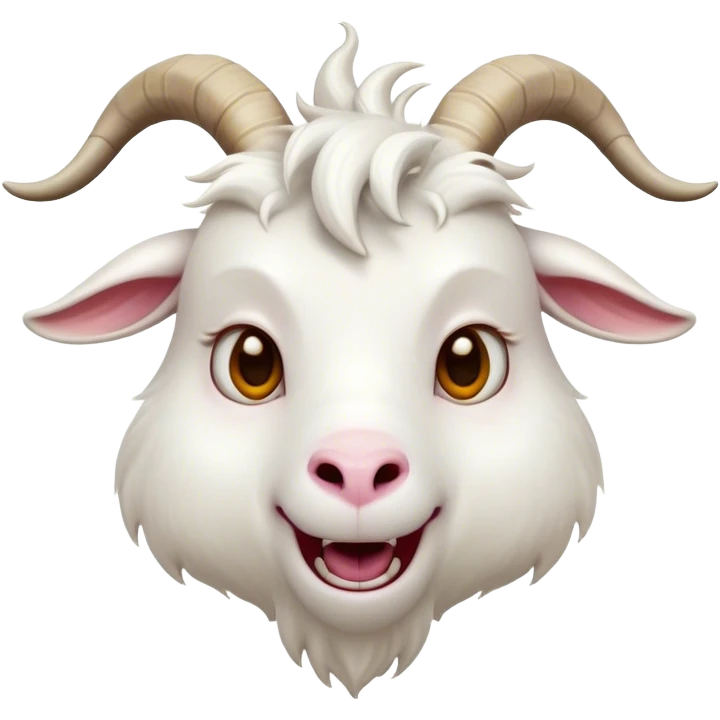 Cinematic Comical White Goat Portrait Emoji, Head tilted dramatically with an exaggeratedly amused expression, featuring a sleek white fur with a prominently quirky set of curved horns, wide, expressive eyes filled with playful disbelief, Simplified yet hilariously expressive features, highly detailed, glowing with a slightly sassy glow, high shine, dramatic yet playful, stylized with an air of cheeky mischief, bright and endearing, soft glowing outline, capturing the essence of a spirited and over-the-top goat, so meme-worthy it feels like it could side-eye its way into internet fame instantly! emoji