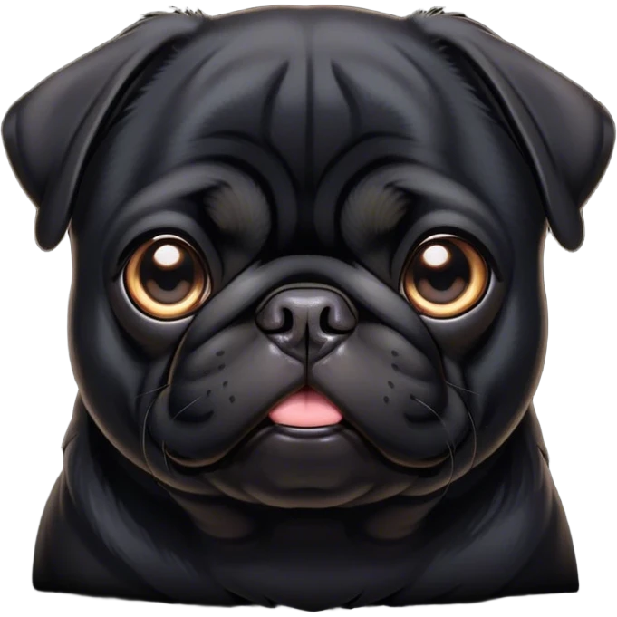 Cinematic Noble Black Pug Portrait Emoji, Poised and regal, with a compact, sturdy build and a sleek, shiny pure black coat, deep-set soulful dark eyes, Simplified yet sharp and sophisticated features, highly detailed, glowing with a soft, dignified glow, high shine, intelligent and spirited, stylized with an air of confidence, focused and attentive, soft glowing outline, capturing the essence of a watchful and commanding companion, so majestic it feels as though it could prance out of the screen with effortless authority! emoji