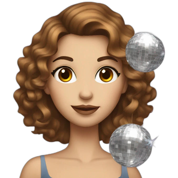 female with brown wavy hair dressed in a party dress and disco ball emoji