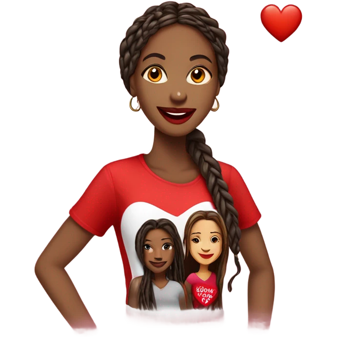Light brown lady smiling, dark brown very long African braids, bright red lips, eyelashes, wearing red “happy Valentine’s Day” t shirt emoji