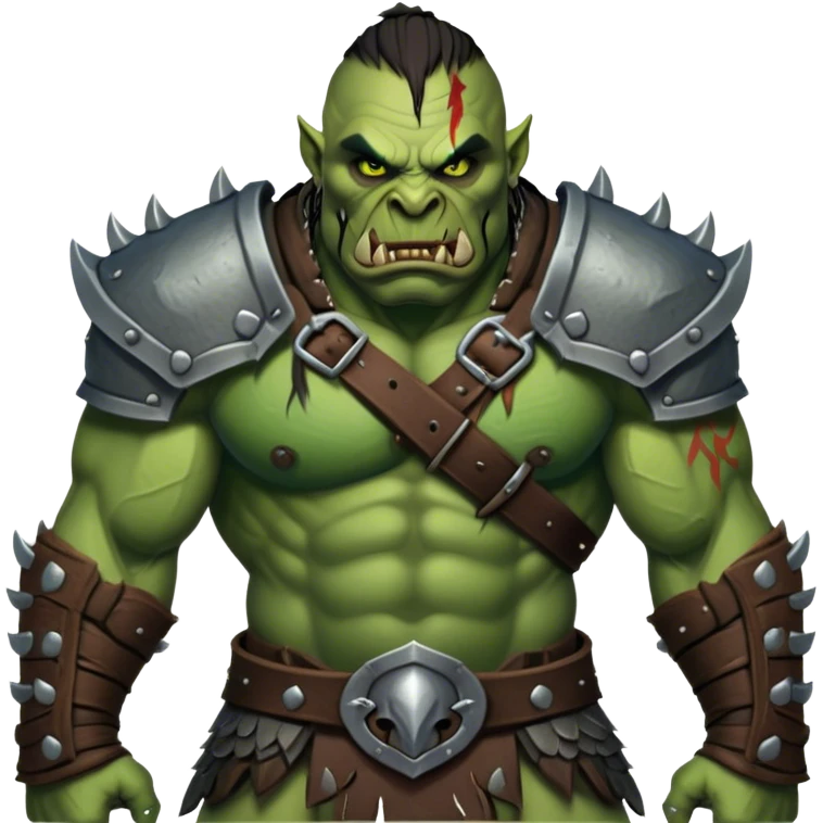 Cinematic Realistic WoW Orc Warrior Portrait, captured in a dynamic, battle-ready stance, muscles bulging beneath intricately detailed tribal armor accented with dark leather and iron. His fierce, determined eyes and battle-scarred green skin are rendered with dramatic natural lighting and high shine, exuding raw, relentless fury in a fierce combat pose. emoji