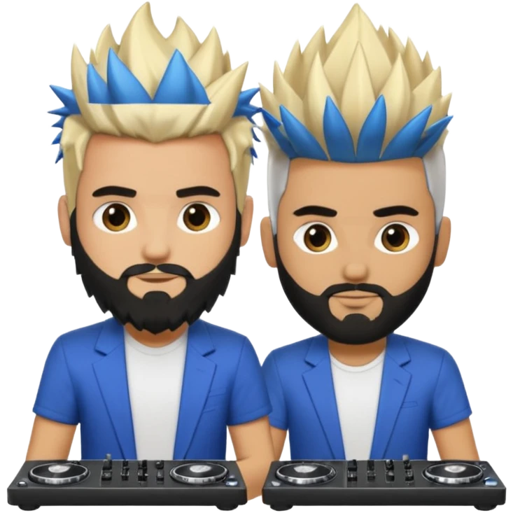 Two male dj’s, one with a long spiky Blonde hair, the second one black short hair and black beard emoji