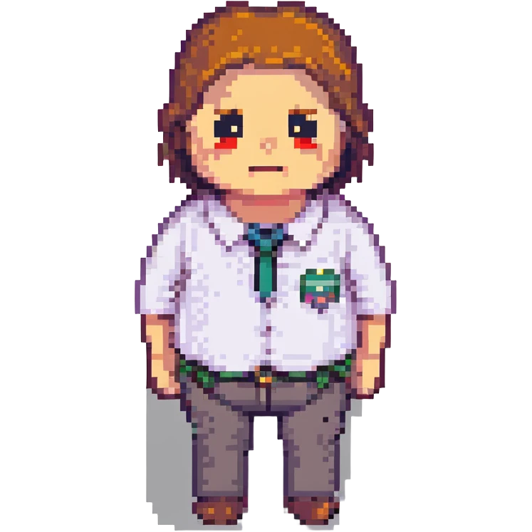 A businessperson with a rumbling stomach and a sad face, pixel art style emoji