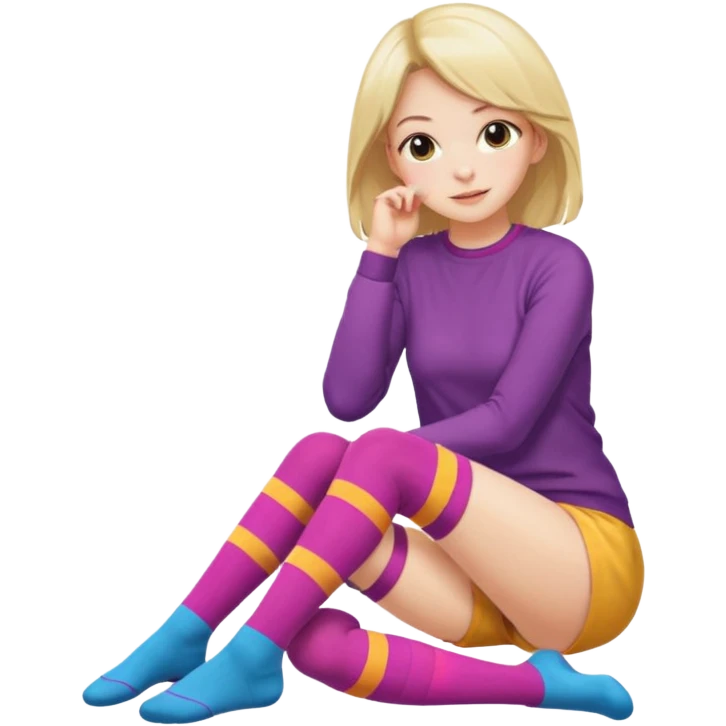 Cute girl thigh high socks sitting legs out, colorful clothes emoji