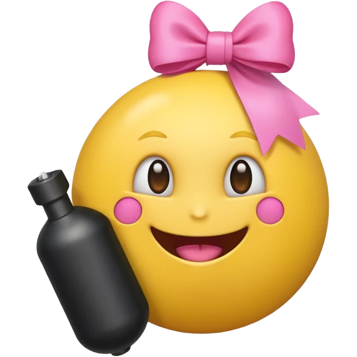 A happy face emoji holding a bomb and the bomb has a cute pink bow on the bomb emoji