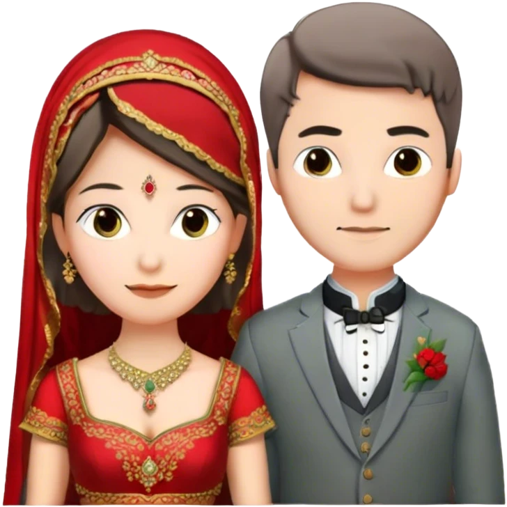 A BRIDE WITH RED LEHANGA AND GROOM WITH GREENISH GRAY SUIT 3 PIECES emoji
