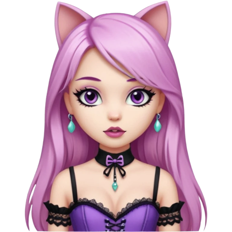 pretty bratz girl, long straight LIGHT pink HAIR, jade kitten eyes, black eyeliner, pale skin, purple corset clothes with laces emoji