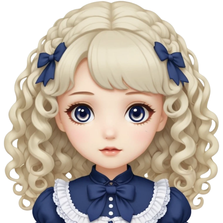 Pale girl with soft curly ash blonde-navy hair, grey eyes, doll-like makeup, wearing a navy lolita hime gyaru dress emoji. emoji