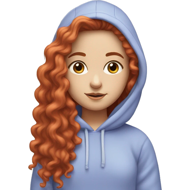 a white girl with long red curly hair, wearing a pastel periwinkle hoodie doing a pose emoji