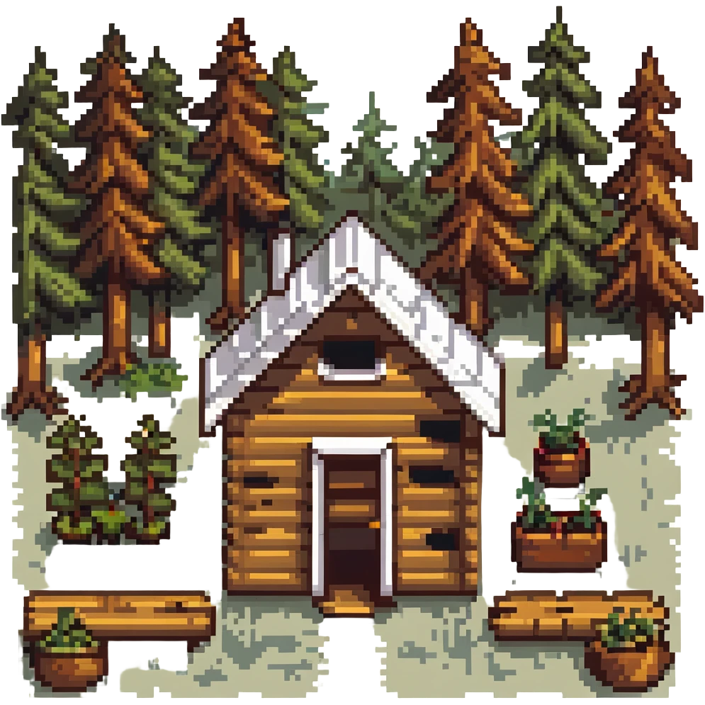 wooden cabin in forest clearing with small garden emoji
