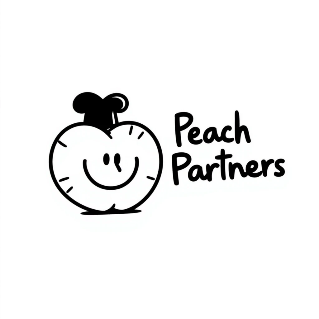 hand-drawn doodle of a playful peach with handwritten text 'Peach Partners' emoji