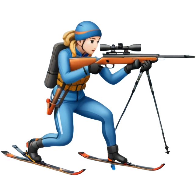 An icon showing a snowy landscape with pine trees, mountains, and a clear sky with a biathlete aiming a rifle in the foreground, wearing winter gear and skis. Transparent background emphasizes the precision, endurance, and beauty of this winter sport. emoji