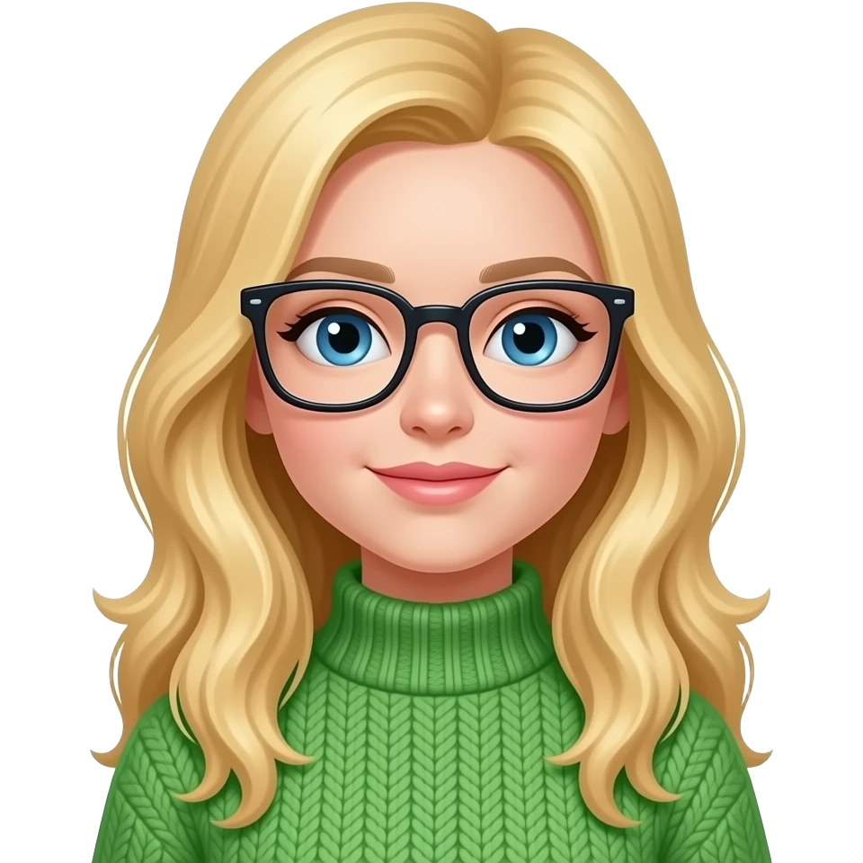 Blond Hair girl with squared glasses, blue eyes. White skin and green pullovers. emoji