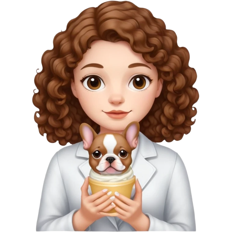  girl with brown curly hair holding cream colored french bulldog  emoji
