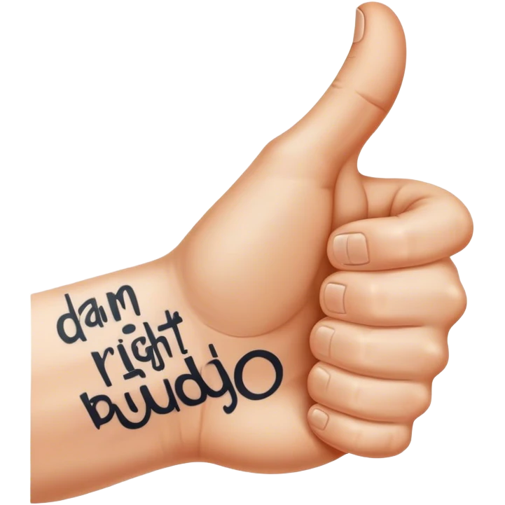 Hand with thumbs up with quote “damn right I do buddy” tattooed on top of hand thumbs up motioning good yes emoji