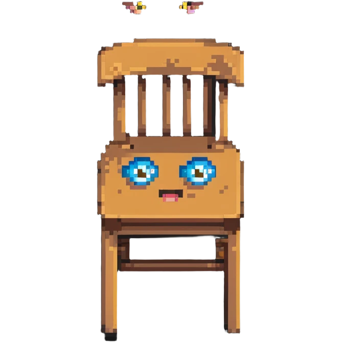 Pixel art of a wooden chair with cartoon eyes flying in the air emoji