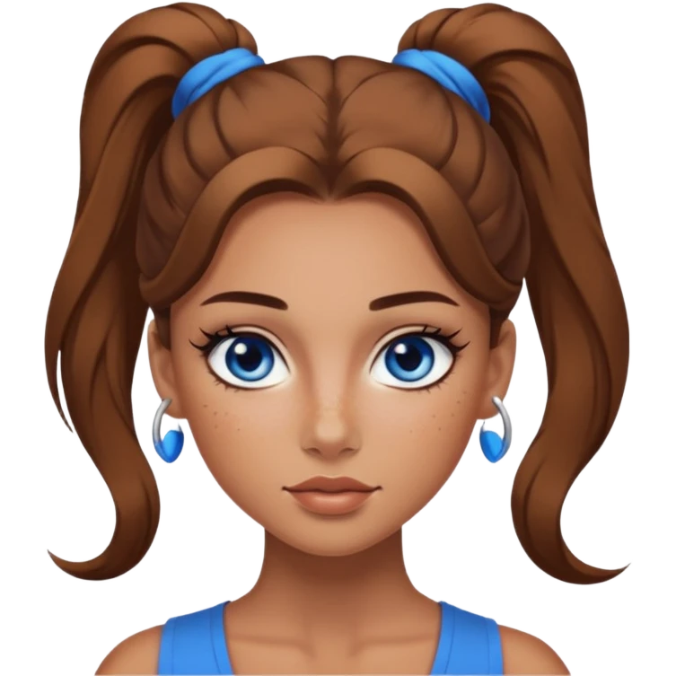 Attractive Woman with tan skin, baddie style, blue eyes, wide face, freckles, and a long voluminous ponytail and dark eye makeup emoji