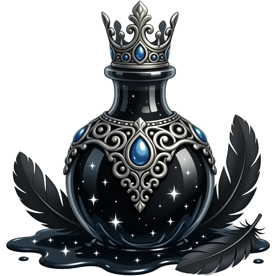 an obsidian scribe’s vial, forged in swirling dusk‑metal filigree, crowned with a teardrop seal, ink pooling like shadowed starlight around black fallen feathers, resting upon a silent dark plane, radiating the quiet gravity of forgotten words emoji