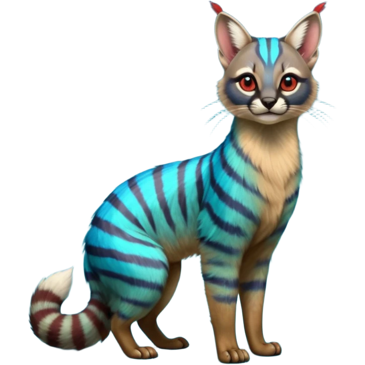 Colorful exotic shiny striped cobalt-blue-cyan-iridescent-gradients-colored fur coat with red markings tropical glorious divine exotic cute cool beautiful realistic caracal-civet-genet-sergal-vernid-Cacomistle-Trico-oncilla-animal-Fakémon-hybrid-fursona (full body) emoji