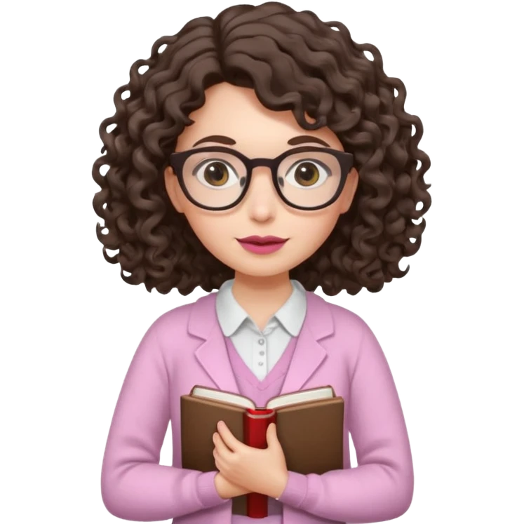 A crazy female scientist, with curly-wavy dark brown hair, brown eyes and light grey glasses and pale skin and pinkish lips, dressed to look like an english teacher emoji