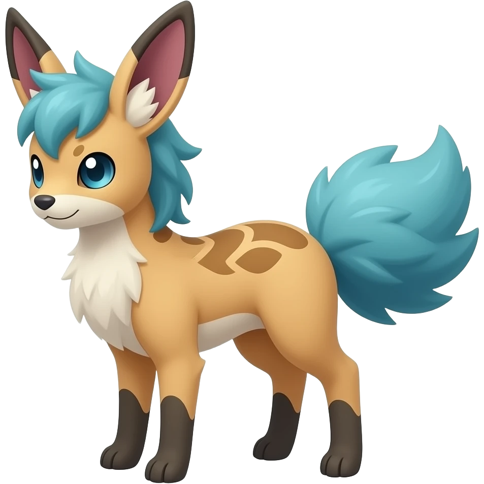 Ponyta-Leafeon-Vaporeon-Furret-Buneary-Jackalope-fusion-hybrid-animal-creature with tufted ears, tufted tail emoji