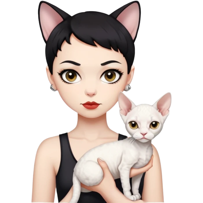 Short black hair bad girl holding a white Devon Rex emoji