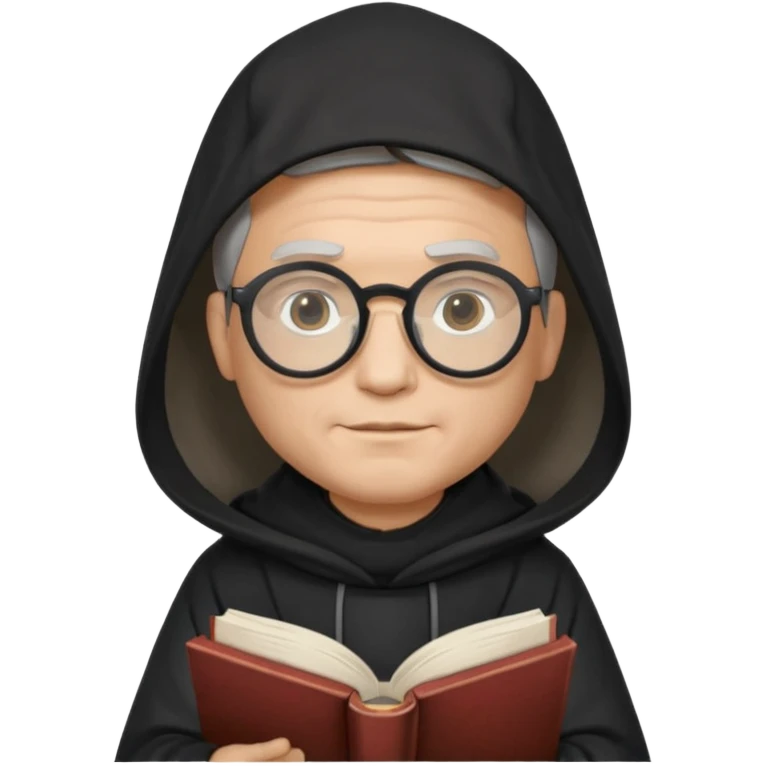 Monk priest prayer black habit with hood round black glasses done light brown wavy hair under hood remove the medallion smaller more round glassed age 46 no necklace more oval face hand holding book that says RB 480 top left is great add a little hair brown gray under hood  emoji