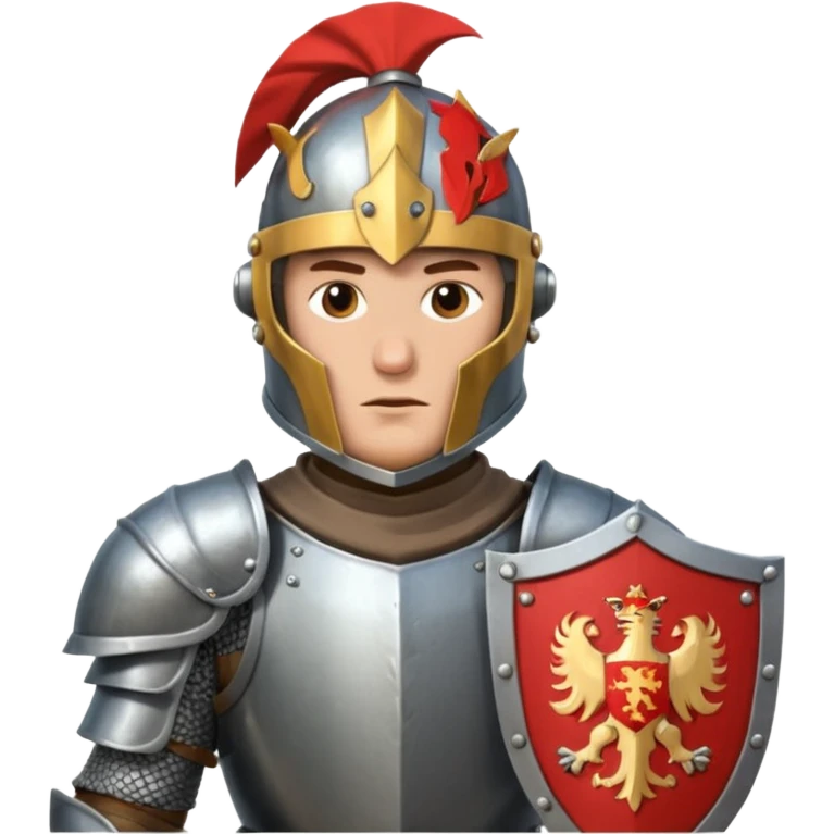 An emoji portrait of a medieval knight. He wears a suit of armor with a stylized helmet. His expression is serious and determined, and he holds a shield with a family crest. emoji