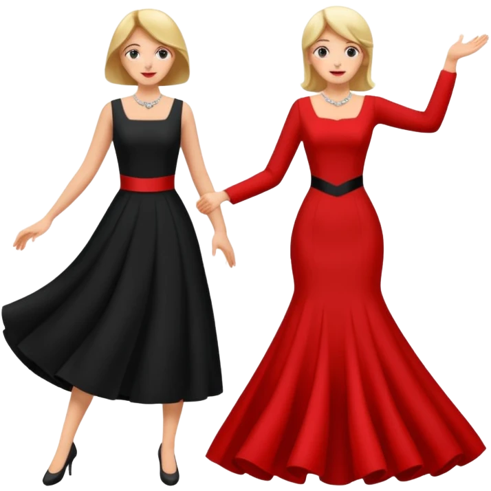 zwei tanzende Personen, eine im Kleid, eine im Anzug, beide fröhlich emoji