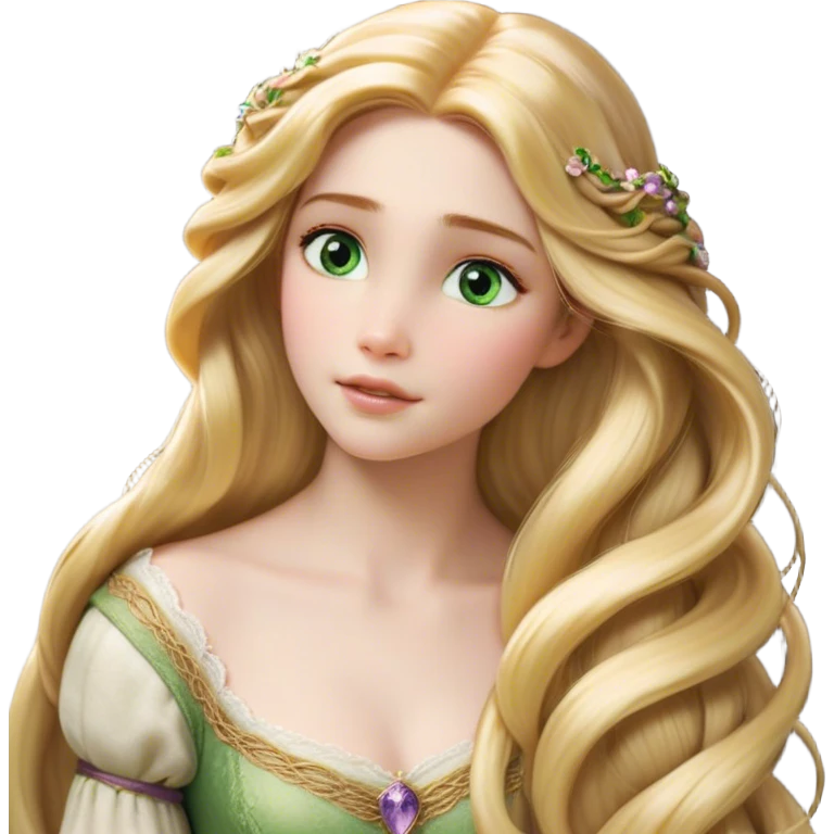 Cinematic Realistic Rapunzel Portrait, with porcelain-like skin featuring a subtle, natural glow, illuminated by soft lighting that brings out the gentle contours of her face. Her long, golden blonde hair cascades in detailed waves, each strand highlighted with a radiant shimmer as it catches the light. Her bright, expressive green eyes exude curiosity and warmth, framed by delicate lashes and soft, arched brows. Her expression is playful and vibrant, with a gentle smile. She is dressed in her classic lavender and pink gown, the fabric textured with delicate folds that flow naturally, catching the light with a soft, radiant glow. The portrait captures a luminous, enchanting aura, seamlessly blending realism with a whimsical, fairytale charm, evoking a timeless sense of beauty and magic. emoji