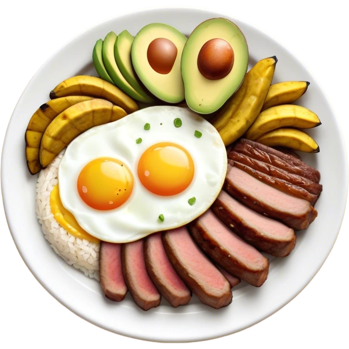 Cinematic Realistic Bandeja Paisa Dish Emoji, depicted as a hearty platter featuring beans, rice, meat, and plantains rendered with detailed textures and vibrant, robust lighting. emoji