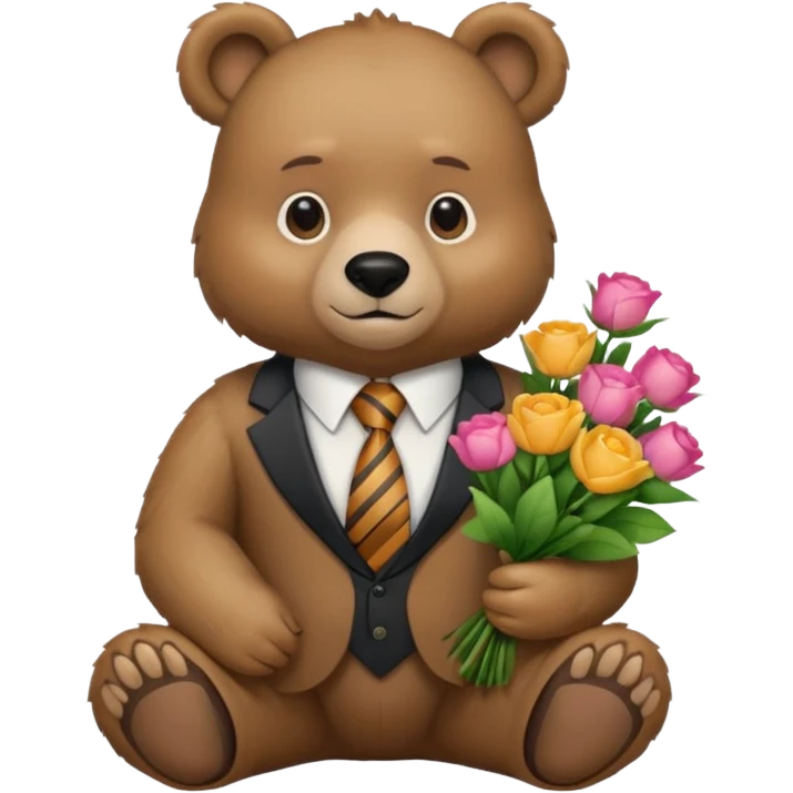 A bear sitting down wear a tie and holding a 💐 emoji