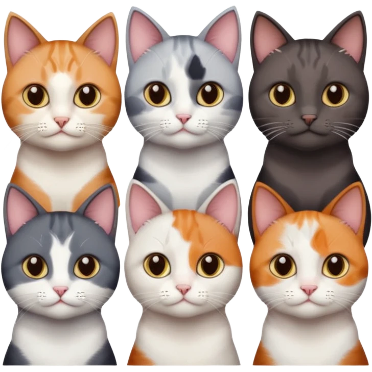 5 different coloured short haired cats including; a dark brown and white cat, and a dark grey and white, and a calico emoji