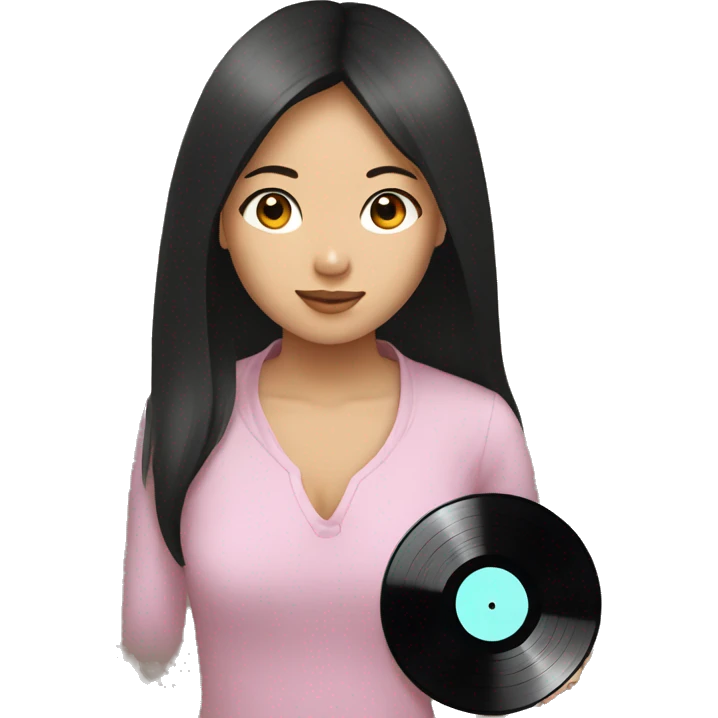 asian girl taking a vinyl record and ready to play it  emoji