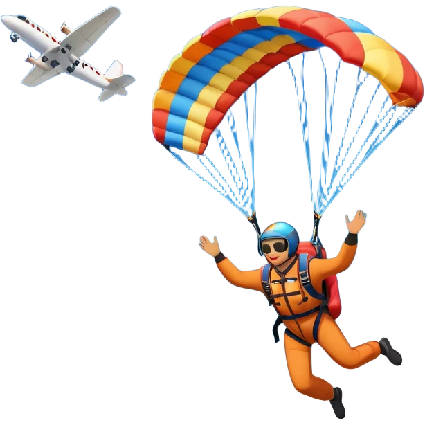 A skydiver free-falling through the sky, with a brightly colored parachute open above them. The background features a vast blue sky dotted with fluffy clouds, birds soaring nearby, and a plane flying off in the distance, emphasizing the thrill and freedom of the sport. emoji