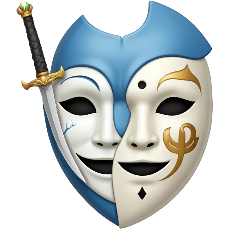 A sword in the middle, on the write sad mask and on the left happy mask emoji