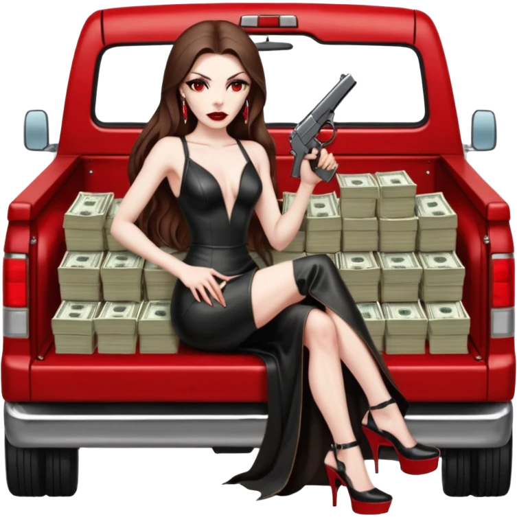 Lilith symbol red eye seductress evil long brown haired sexy succubus woman with leather long dress with slit on, sitting in Big Large F350 pickup truck. Platform high heels in feet. Back seat full of stacks of cash, she is  Holding a human skull of her enemies and a gun in other hand emoji