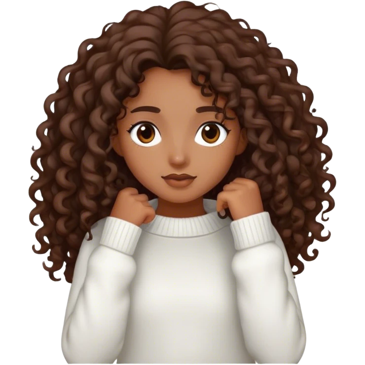 Girl with long curly hair with brown skin and dark brown eyes wearing a white sweater emoji