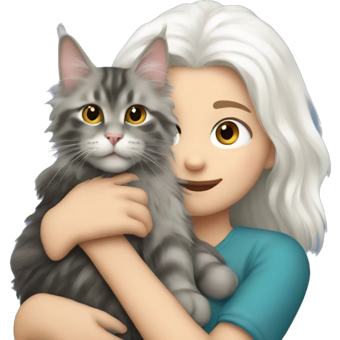 A girl with white hair holds a Maine coon cat in her arms emoji