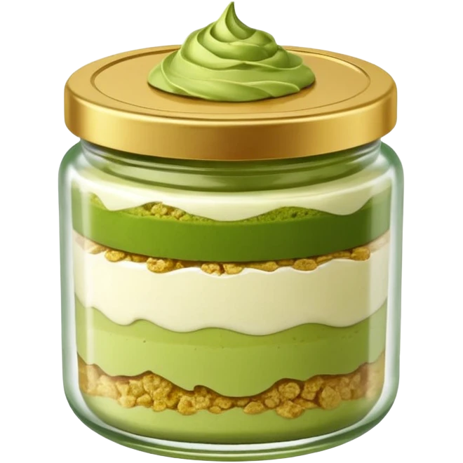 A small round glass jar with a gold lid, filled with layered dessert: creamy white base, green matcha layer in the middle, and a crunchy topping on top.

 emoji