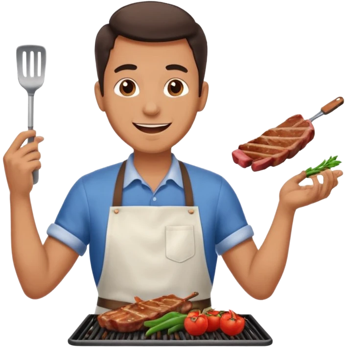 A cheerful man in an apron flipping meat on a sizzling grill with smoke puffing upward. emoji