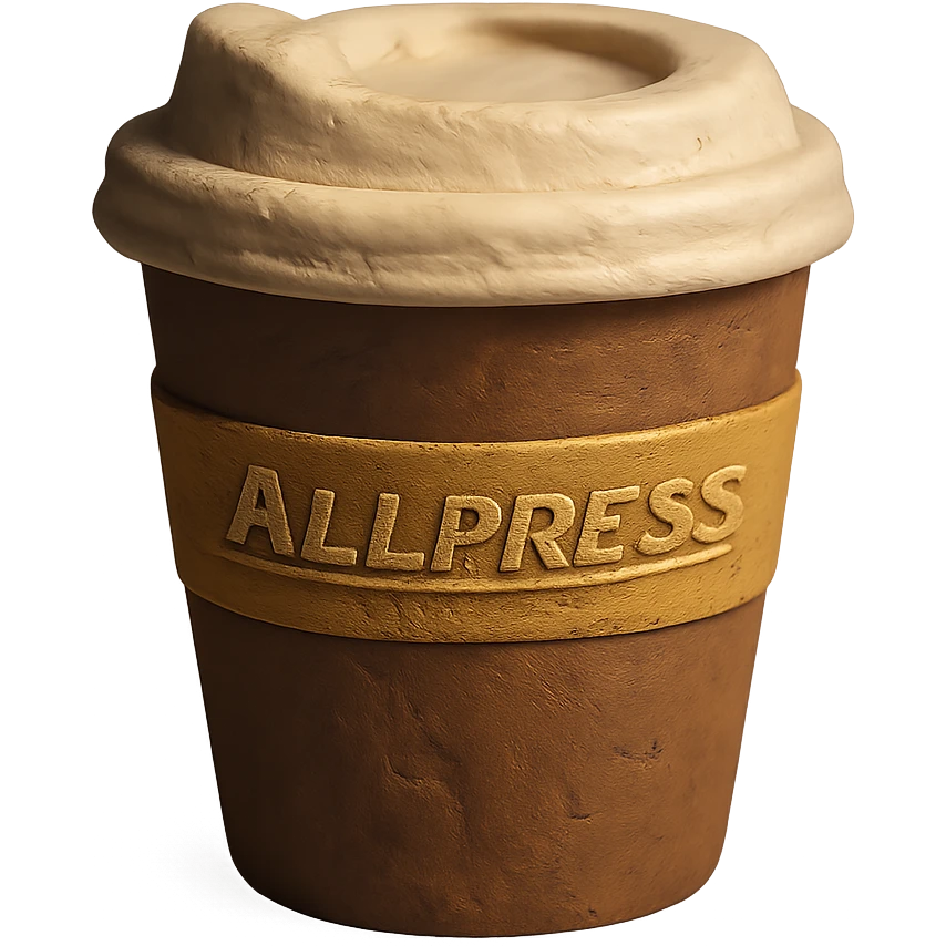 3D claymation style Allpress coffee cup, brown and gold colors, transparent background emoji