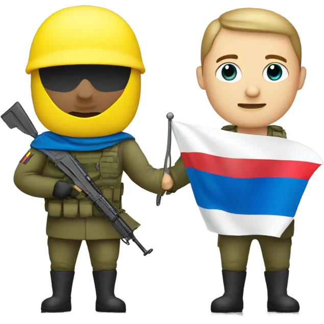 a soldier who holds the Russian flag in one hand and the Ukrainian flag in the other emoji