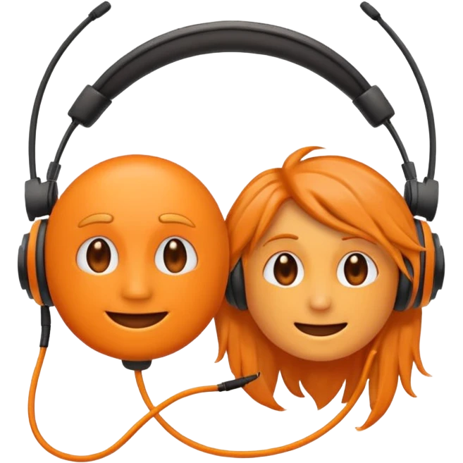 Orange happy face emoji with a couple of hair,headphones,and antennas. emoji