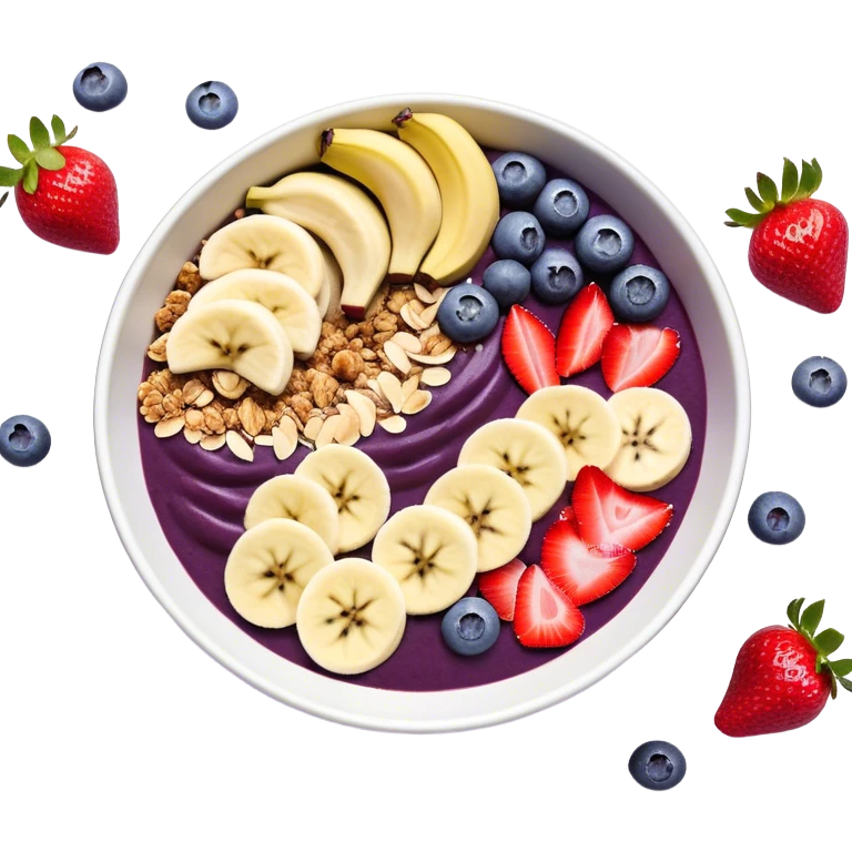 A vibrant açaí bowl with a deep purple smoothie base, topped with neatly arranged banana slices, fresh strawberries, blueberries, granola, and coconut flakes. The bowl is modern and minimal, with clean lines and a balanced composition. Flat, digital illustration, cartoon style, icon, white background, iOS emoji aesthetic. emoji