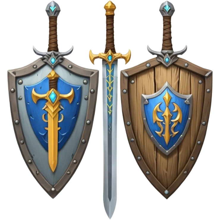  two sword cross, next to or in front of a shield, world of war craft style, elven flare emoji